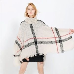 Beige Black Red Fall Plaid Fringe Turtleneck Poncho